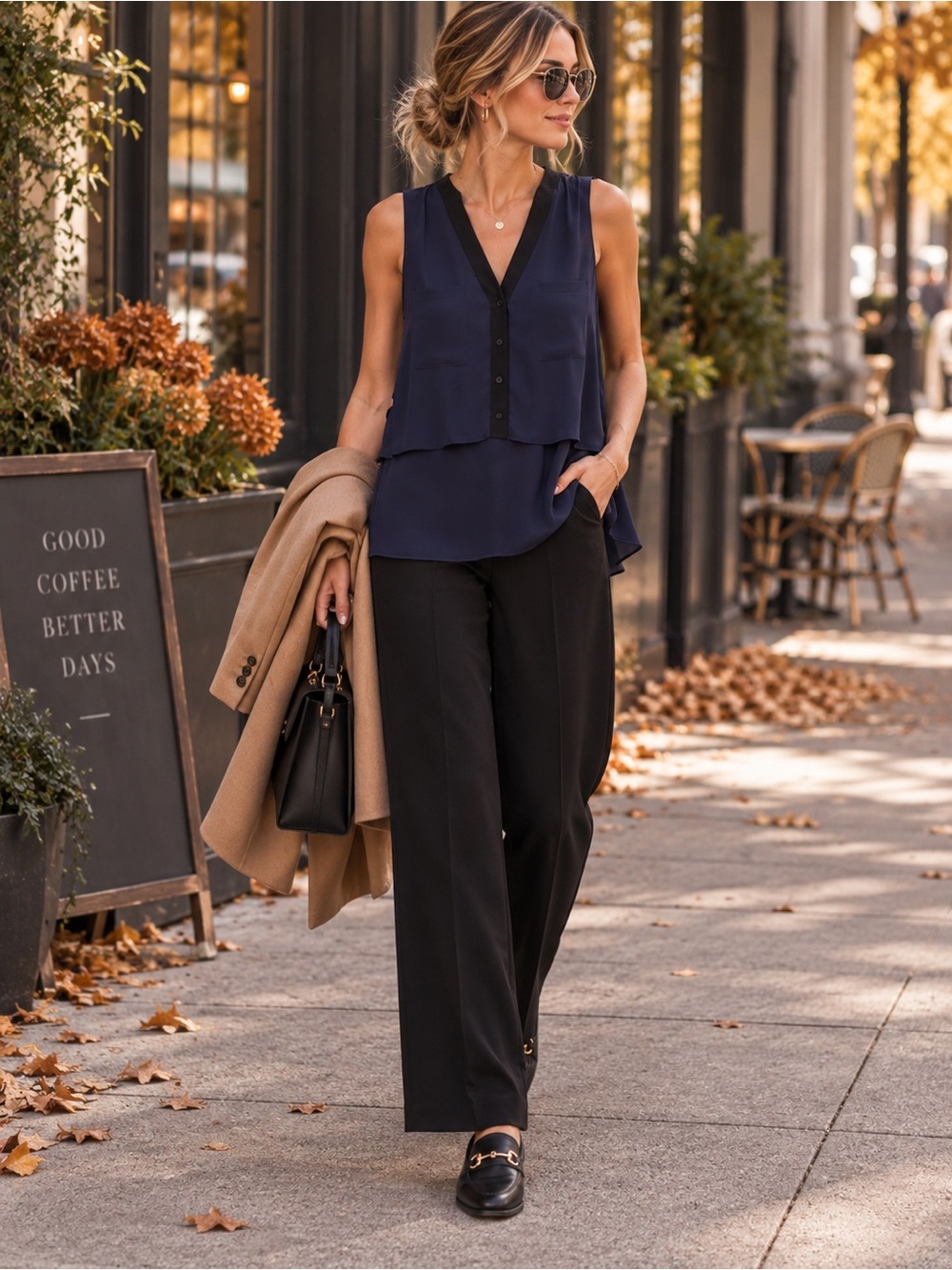 Kismet Navy Black Layered Sleeveless Blouse Small Workwear Tunic Top